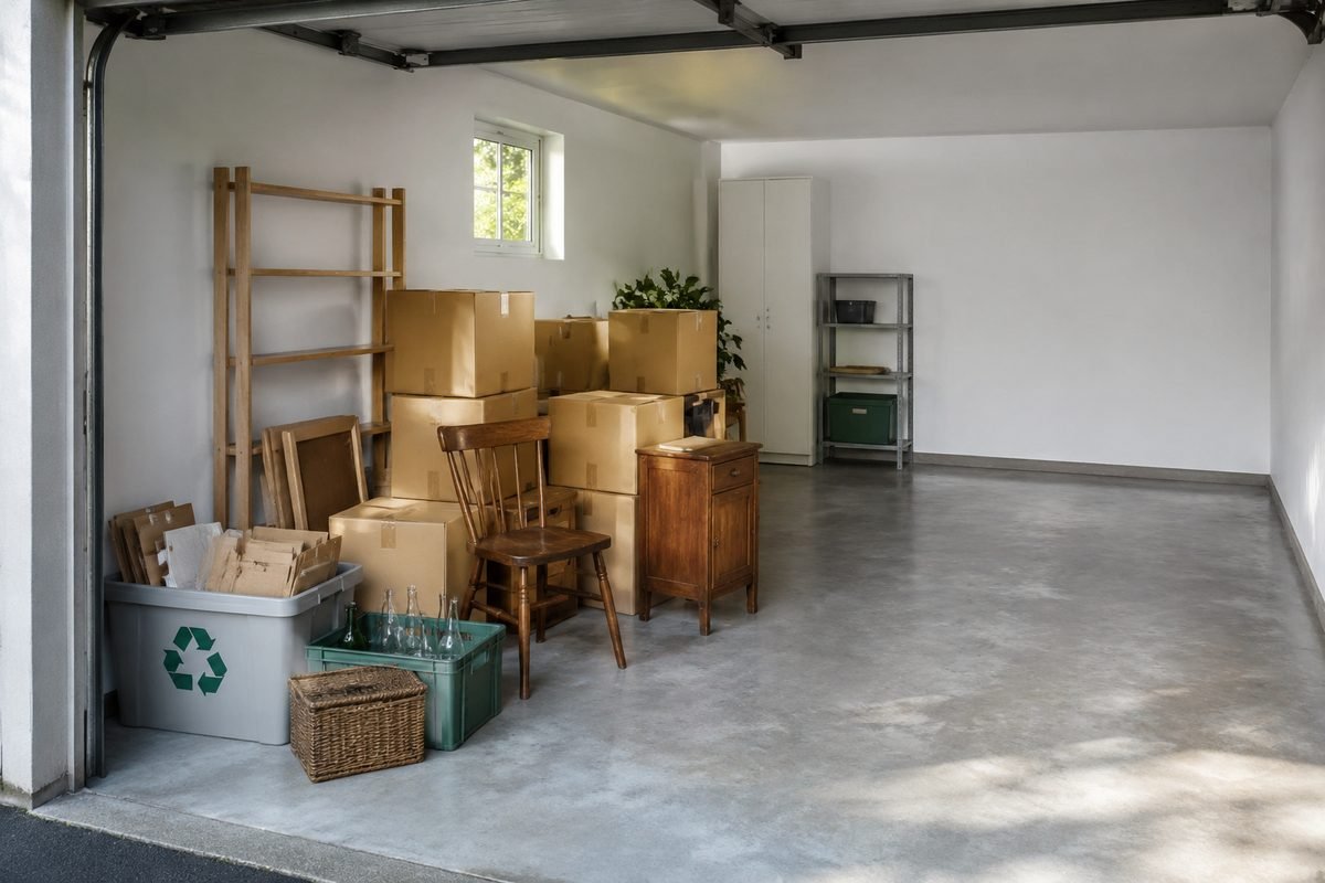 Vollgestellte Garage vor einer Entrümpelung